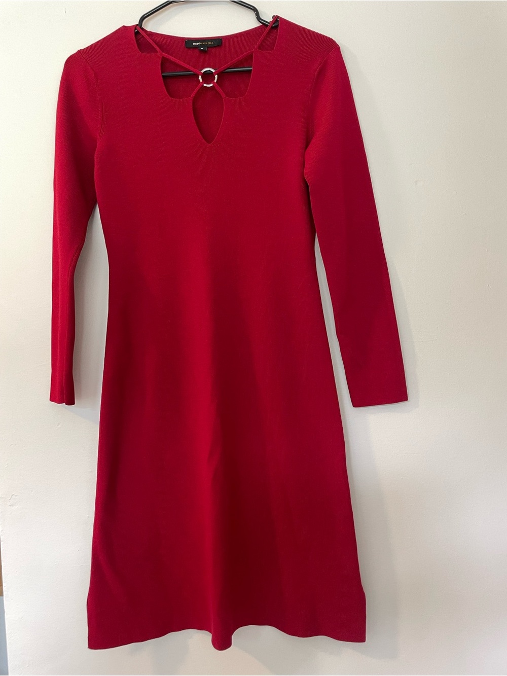 BCBGMAXAZRIA Red A-line dress with cut out detail and silver ring Sz S
